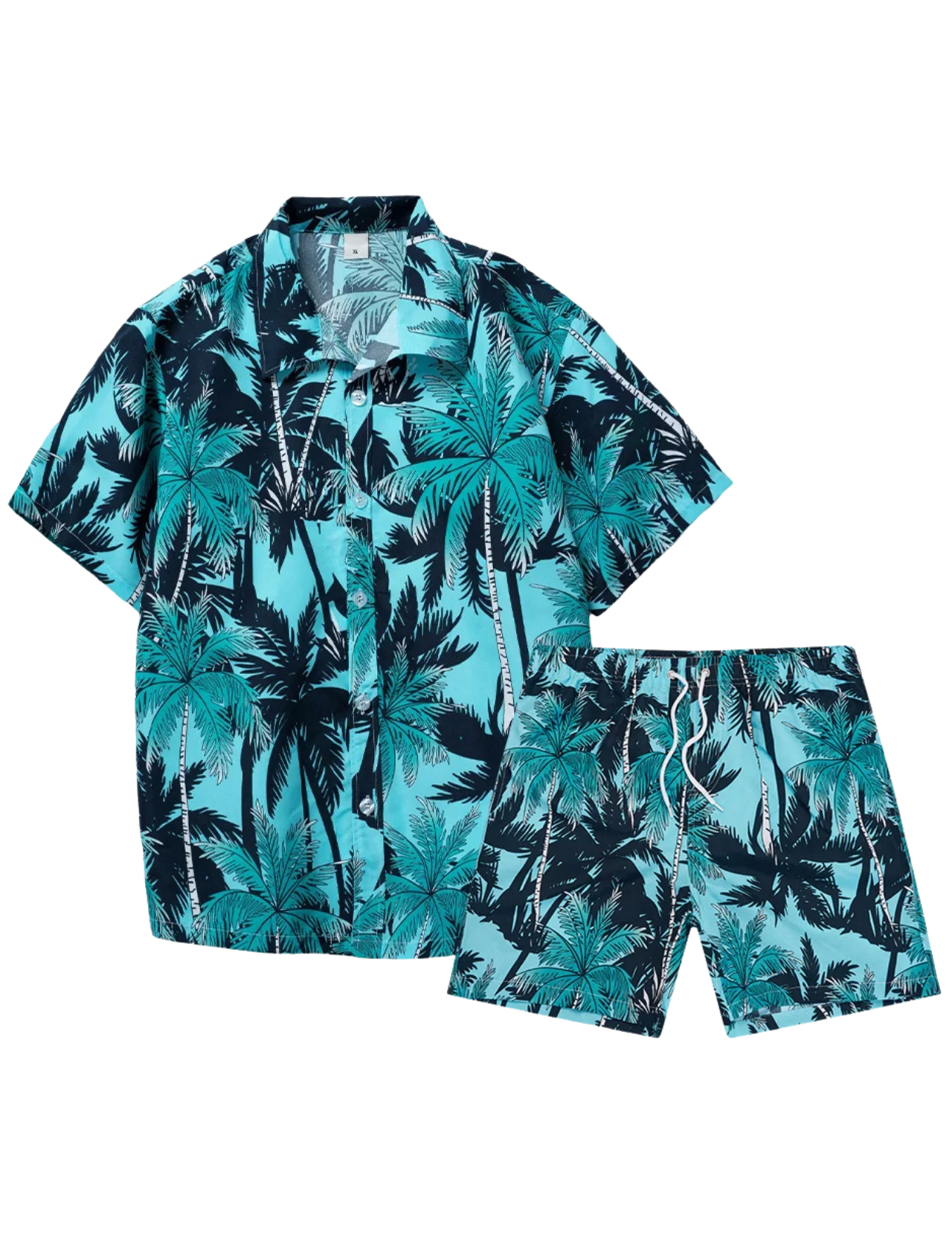 Conjunto de playa azul con estampado de palmeras para hombre, ideal para vacaciones y días de verano. Camisa de manga corta y pantalón corto a juego.