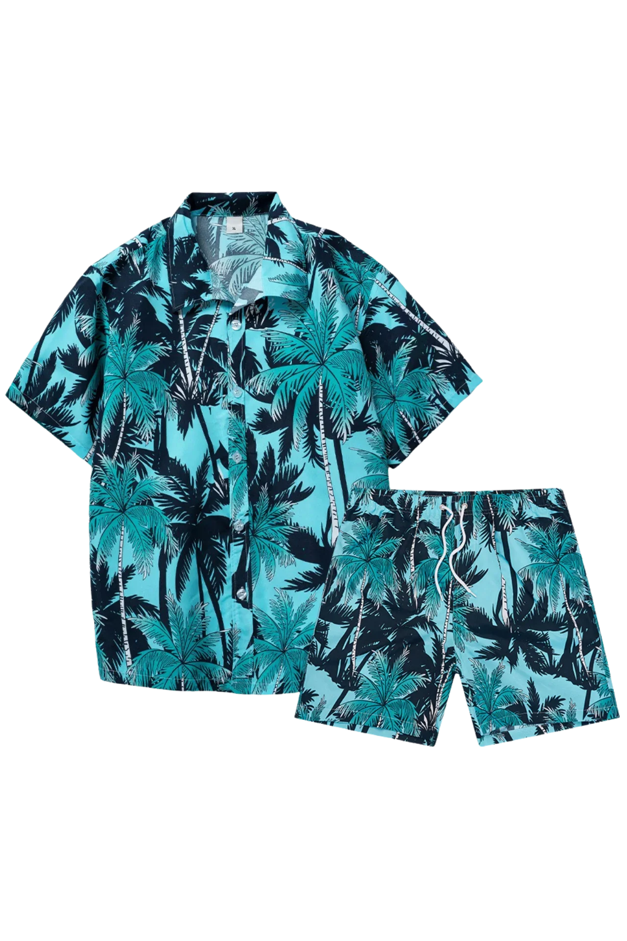 Conjunto de playa azul con estampado de palmeras para hombre, ideal para vacaciones y días de verano. Camisa de manga corta y pantalón corto a juego.